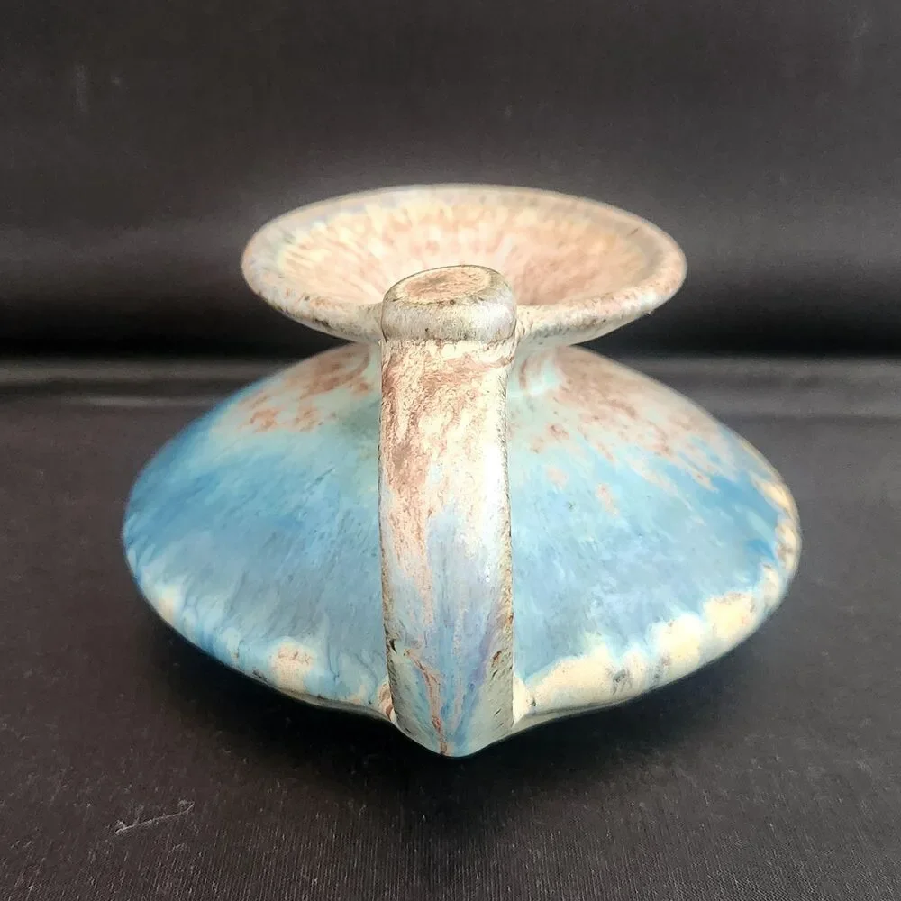 Single Double Wick Studio Pottery Oil Lamp Blue Drip Glaze OOAK Genie Signed VTG